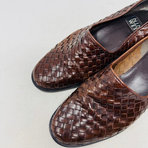 Vintage Nine West 6.5M Brown Woven Leather Loafers Block Heel Slip On Classic - Picture 2 of 12
